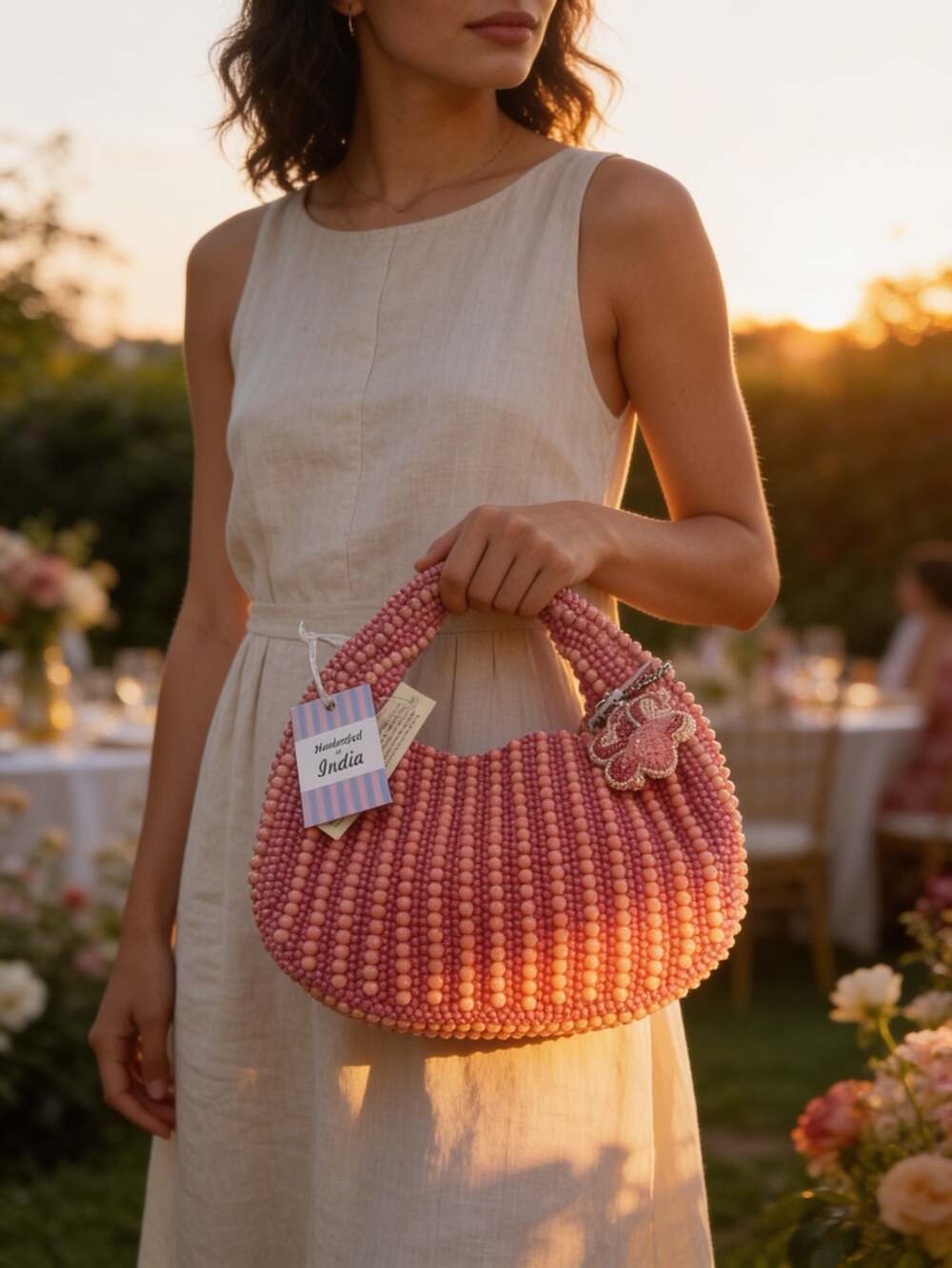 Anthropologie Beaded Coral & Pink Shoulder Handbag with Flower Charm